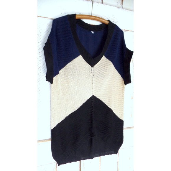 Vintage 90s blue tan black slouchy knit pullover sweater - Picture 4 of 8